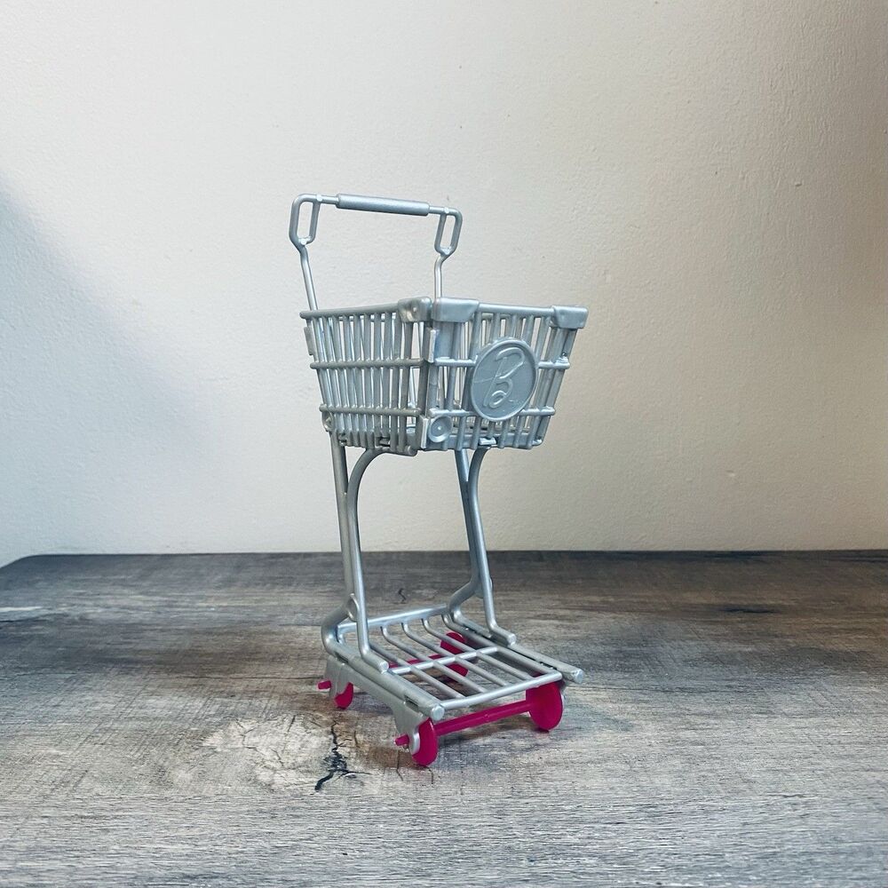 Mattel Barbie Doll Shopping Cart Grocery Store Buggy Gray Plastic Pink Wheels